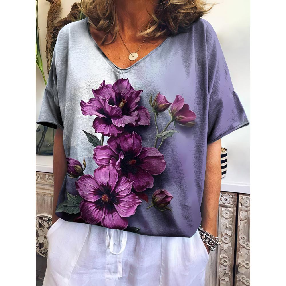 

Vintage Women s T Shirts V-neck 3d Flower Print Tops Loose Short Sleeve Tees Summer Streetwear Casual Oversized Female Clothing XL