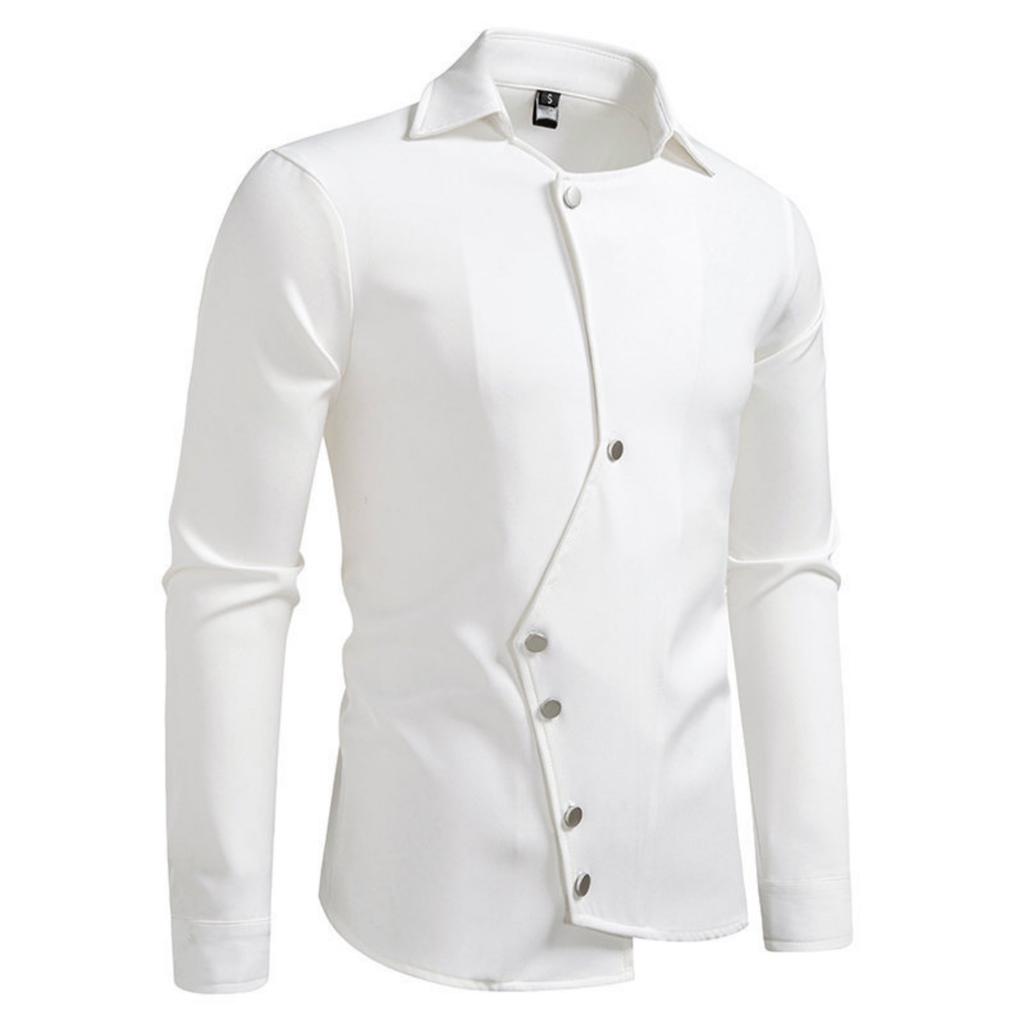Men's Casual Solid-color Long-sleeved Shirt, Men's Slanted Front Button-down Lapel Shirt