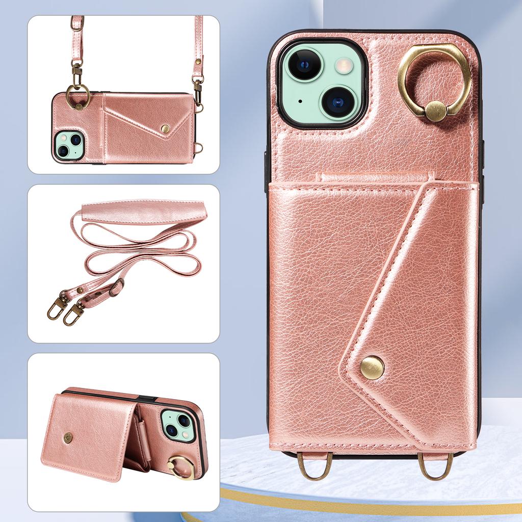 For iPhone 15 Series.for iPhone 15,15 Plus,15 Pro,15 Pro Max Shoulder Strap Rope Ring Bracket Design Card Holder Slots Lichee Pattern Cover Phone Case