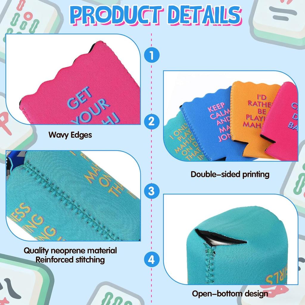 Chengu 12 Pcs Mahjong Party Can Coolers Sleeves with Funny Sayings Colorful Wavy Edges Can Coolers for Soda & Beer Game Night Mahjong Accessories
