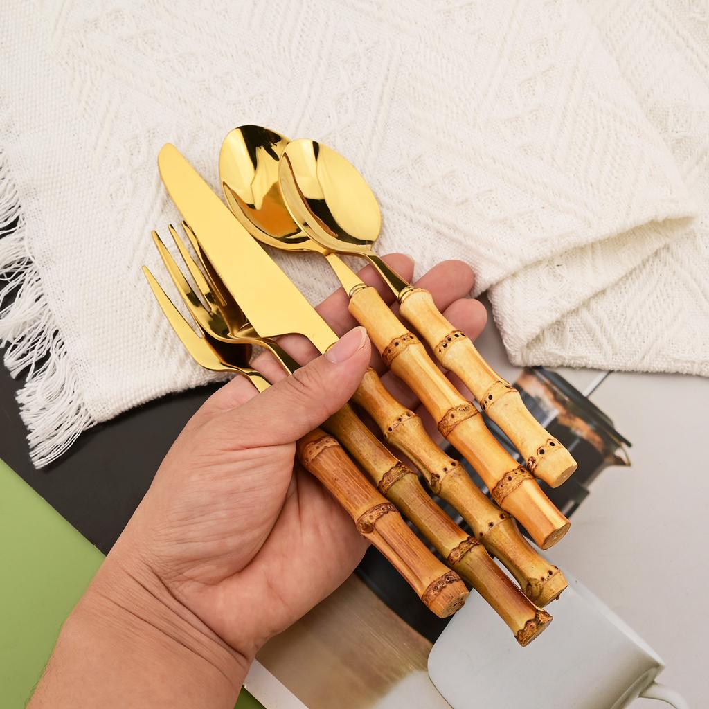16 PCS Bamboo Handle Flatware Set, Stainless Steel Silverware Set for 4, Knives Forks Spoons and Tea Fork Set, Use For Home Kitchen Party and Travel