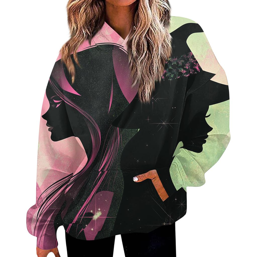 Women's Casual Fashion Witch Print Long-Sleeve Hooded Sweatshirt With Pockets