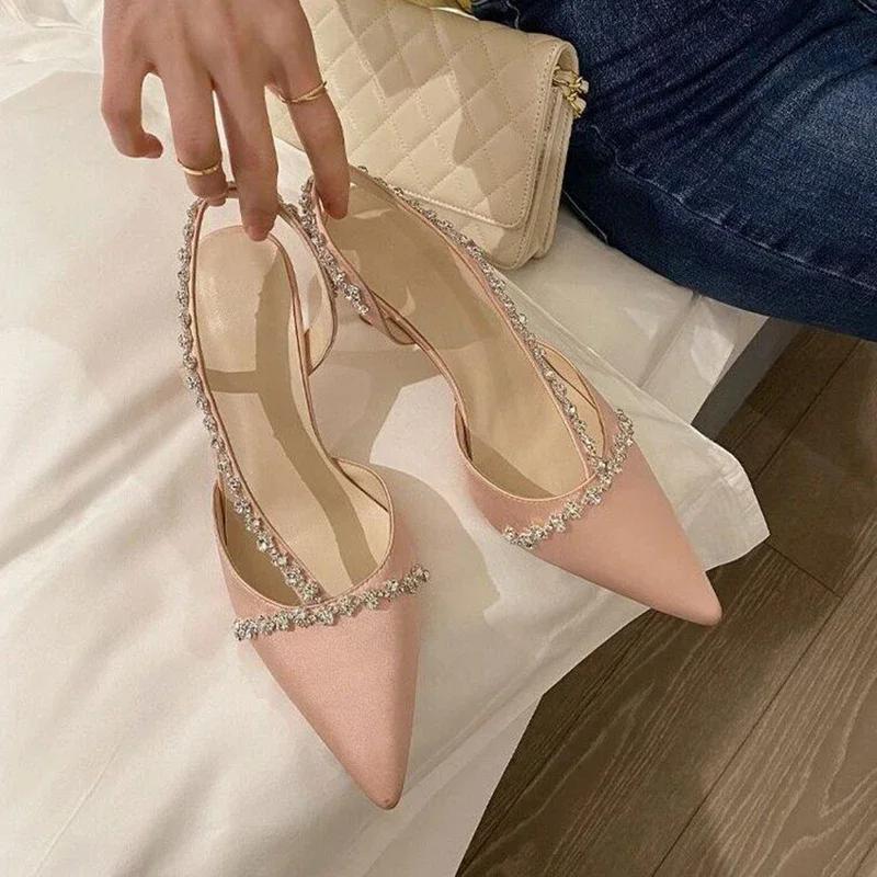 Luksusowe Damskie Wysokie Obcasy Damskie Szpiczaste Czółenka Imprezowe Ślubne Białe Czarne Szpilki Letnie Sandały Slingback z Cyrkoniami Damskie