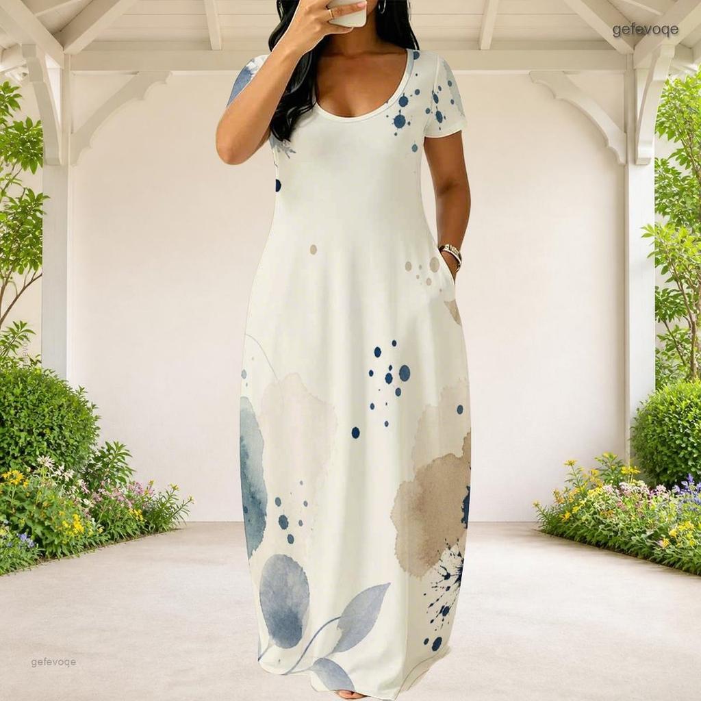 Women Plus Size Round Neck Short Sleeve Abstract Printed Loose White Long Dress With Side Pockets