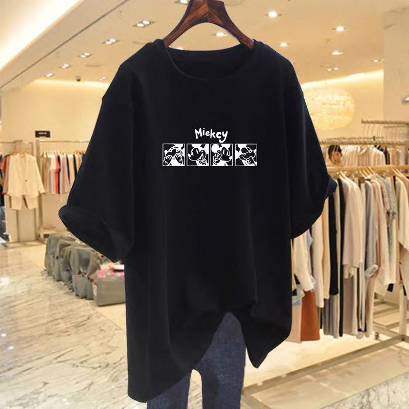 Women's Summer Retro Cotton Print Tee - Loose Fit, Mid-Length, Short Sleeve