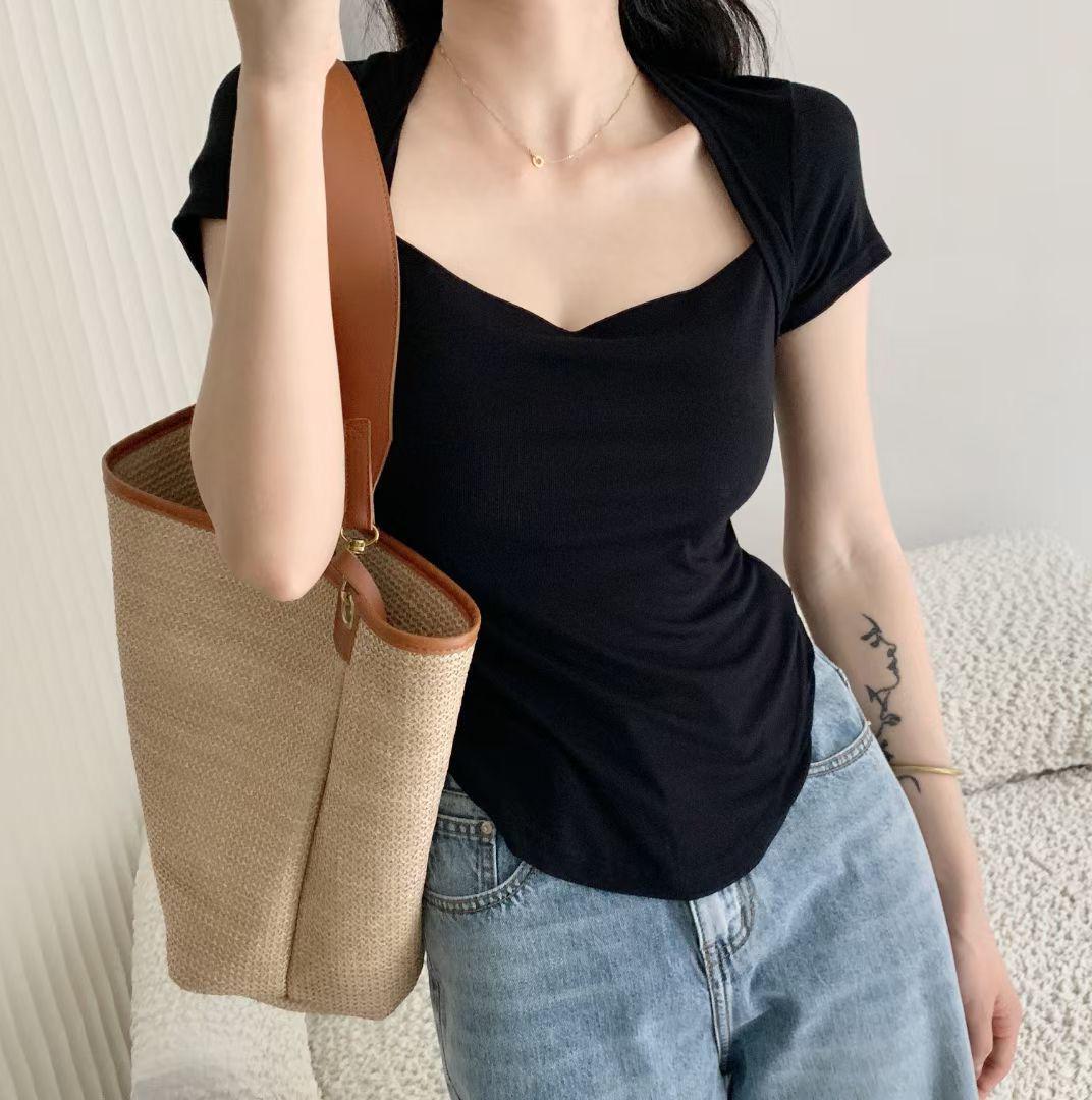 

Women s White Square Collar Slim-Fit Short-Sleeve T-Shirt - 2025 Summer Collection X-Large чорний