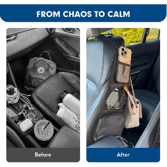 Car Organizer Front Seat, 2PCS Multi-Pocket Car Storage Organizer with Mesh Net, Durable Car Camping Essentials, Universal Car Seat Side Organizer