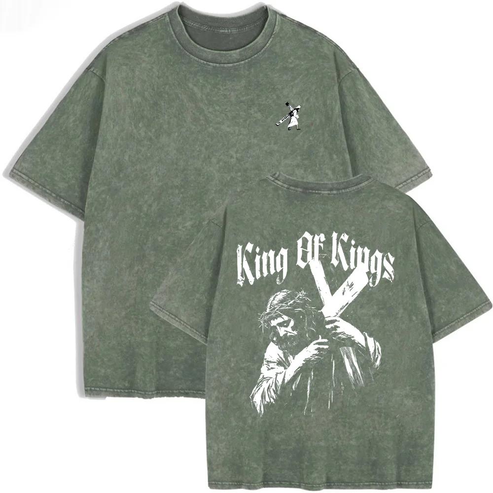 2026 Vintage Gothic King Of Kings Jesus Cross Graphic Black Acid Washed T Shirt Religious Faith Front Back Print Oversized Unise