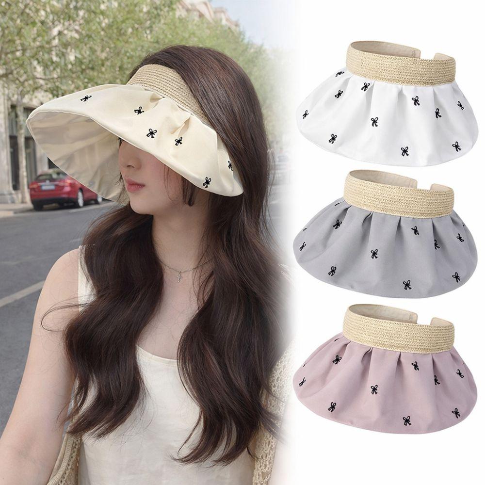 Fashion Wide Brim Women's Bow Sun Hat Empty Top UV Protection Sun Visor Hat Foldable Quick-drying Bucket Hat Summer Outdoor
