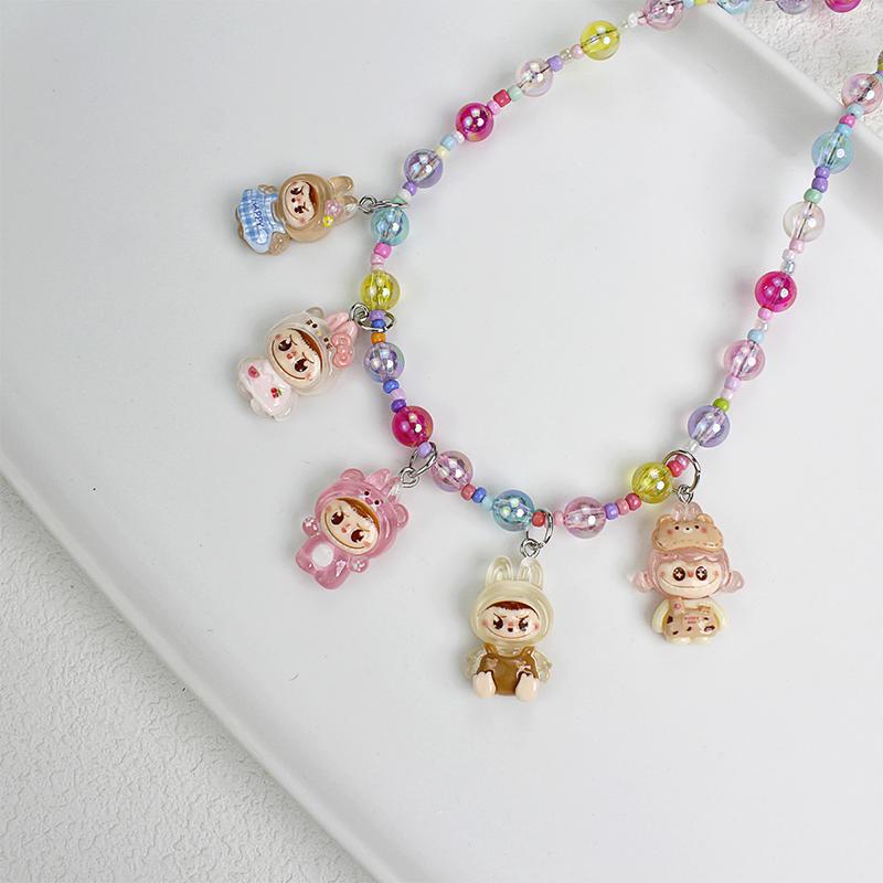 New Korean Version Transparent Resin Colored Bead Pull Cloth Necklace Cute Cartoon Pendant Accessory Chain Necklace