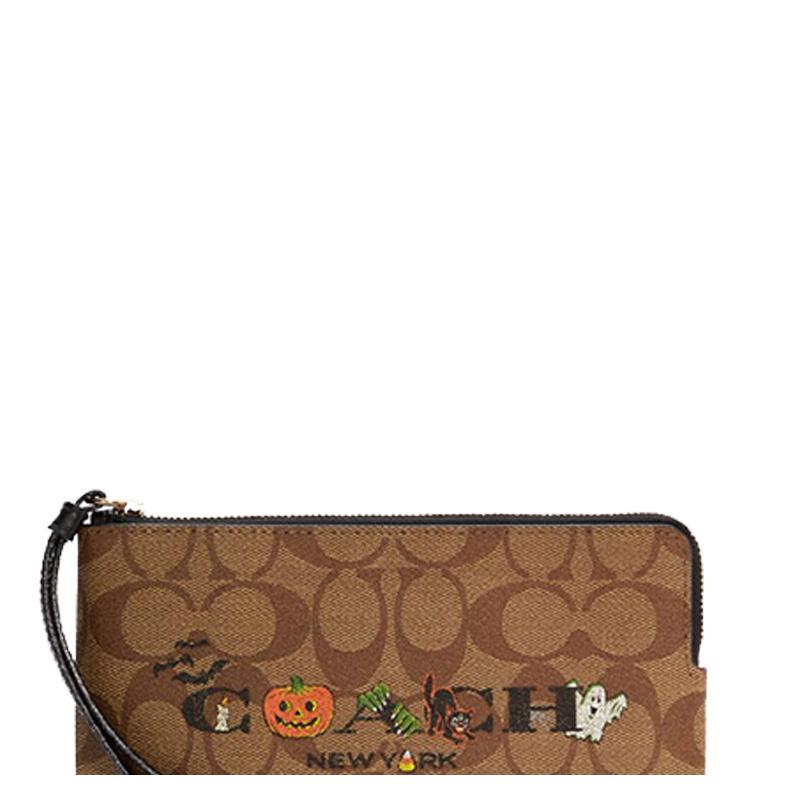 COACH Corner Zip 20 classic print zipper opening and double card slots coated canvas and leather wrist bag clutch small size women's khaki and black
