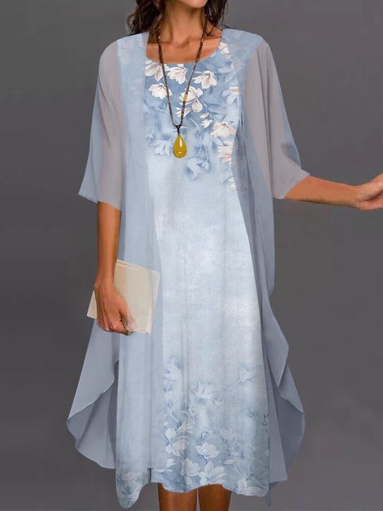 Women's Casual Floral Print Round Neck Slim Pocket Dress Long Skirt