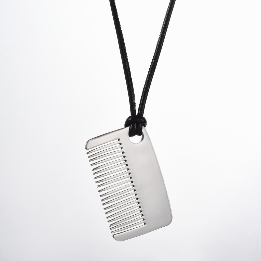 Lazy High-End Heavy Industry Design Silver Small Comb Necklace Women'S Retro Long Leather Rope Simple Sweater Chain