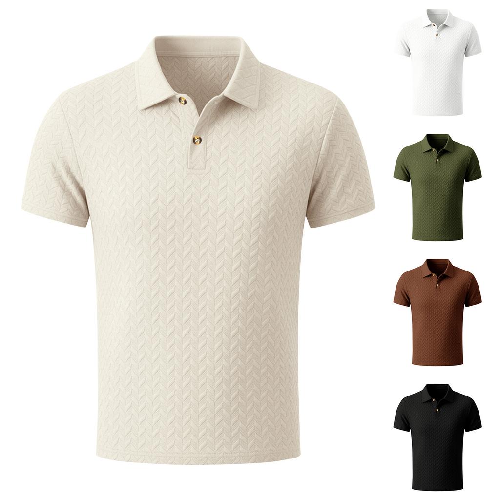 Men's Summer Jacquard Polo Shirt Short Sleeve Business Casual Collared Top Lightweight Breathable Fabric Comfortable Fit