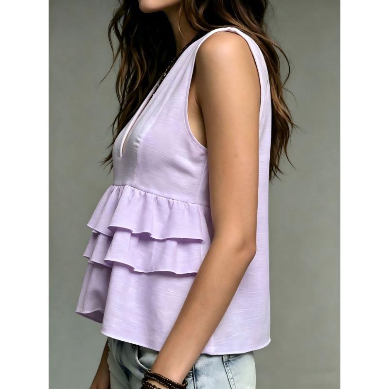 Women V Neck Sleeveless Tiered Ruffle Peplum Blouse