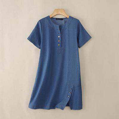 Women Summer Short Sleeves O-Neck H Line Plain Dress