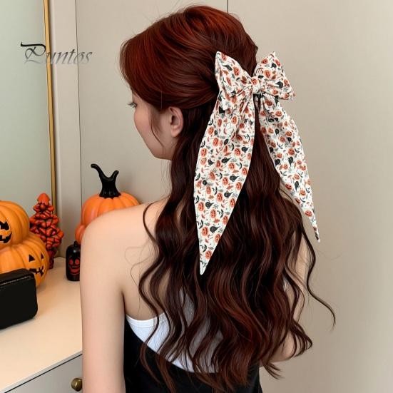 Pumpkin Hairpin Halloween Silky Satin Hair Bows, Big Ribbon Bow Clips, Oversized Long Tail Barrettes, Clip Cute Ghost Witch Hat Spider Web Hairpins