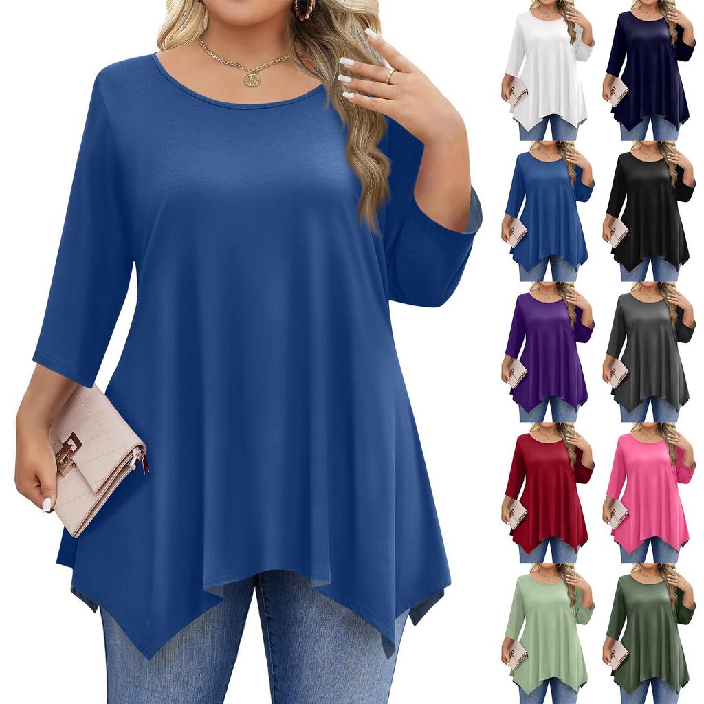 Womens Plus Size 3/4 Sleeve Shirts  Round Neck Tunic Tops Basic Loose Fit Tee Tops L-5XL