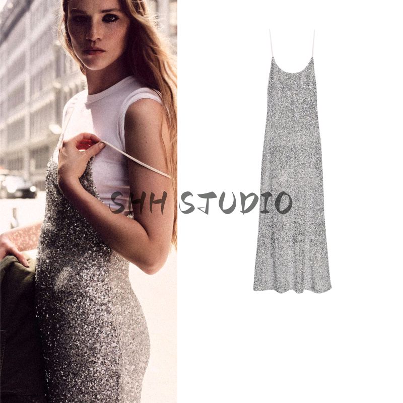 Summer New Product Women's Clothes round Neck Spaghetti Strap Long Sequin Stickers Floral Decorations Intimates Type Dress 1223454