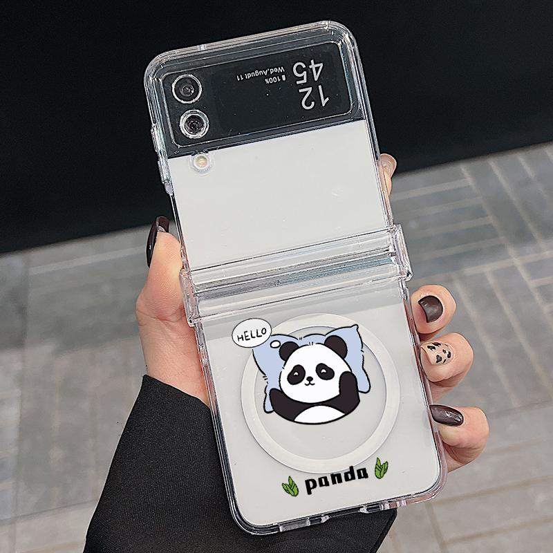 3 STÜCKE Faltbare Stoßfeste Hülle für Samsung Z Flip6 Flip5 Flip4 für Magsafe Magnetisch Cartoon Pandas Muster Transparent Hartes PC Slim Case Abdeckung