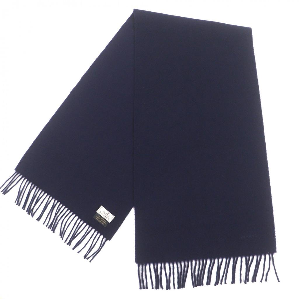 Excellent HERMES Scarf Embroidered logo with fringe Navy cashmere mens Used