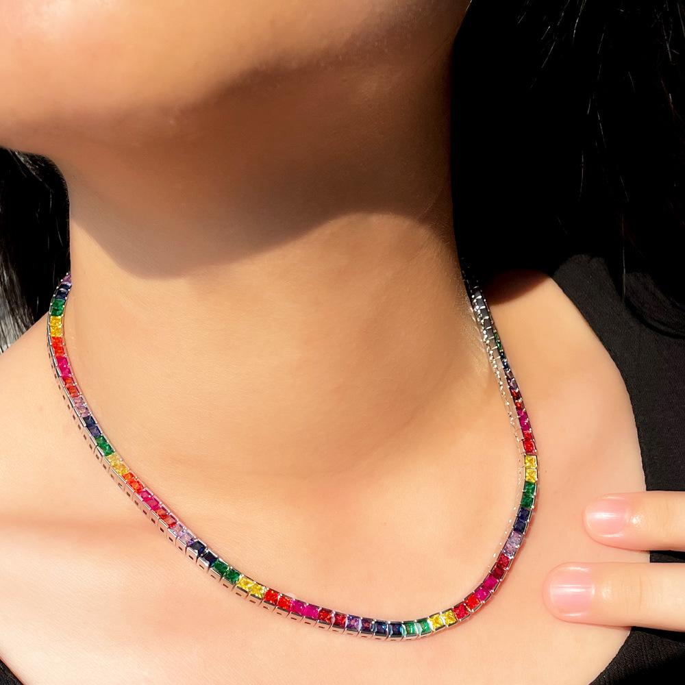 Hip Hop Single Row Diamond Rainbow Zircon Necklace 4Mm Color T Square Zircon Tennis Chain Hipster Jewelry