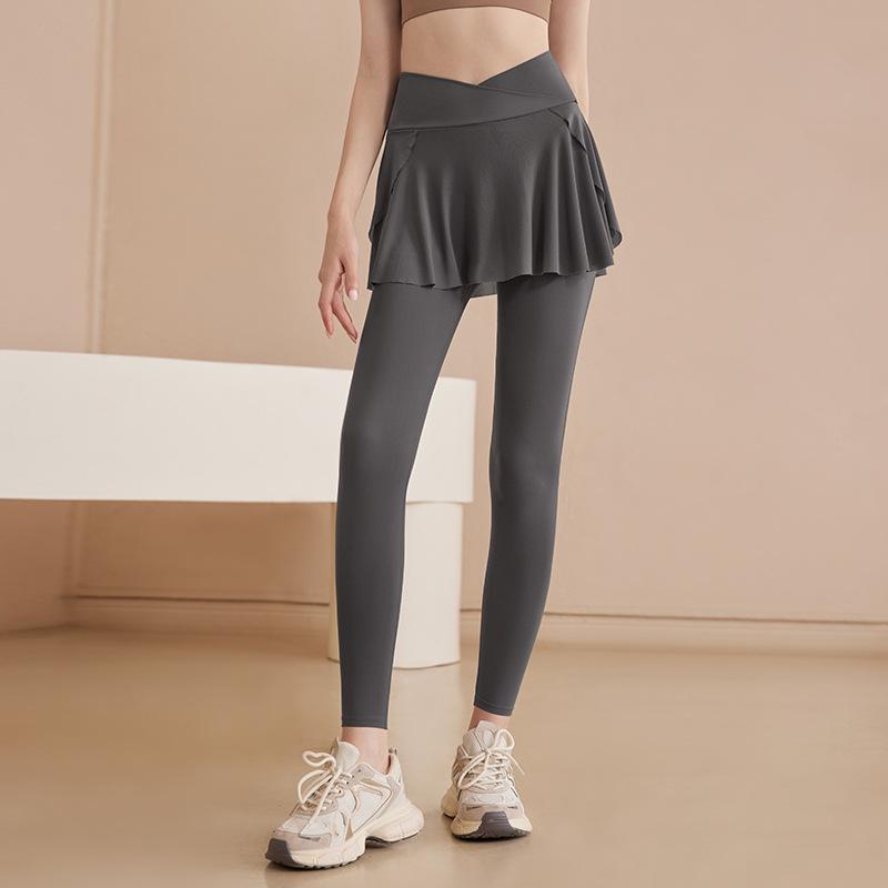 Pantaloni fustă de yoga pentru femei 2025: Pantaloni lungi eleganți tip două piese false, micro evazați, pentru alergare și fitness, pentru primăvară