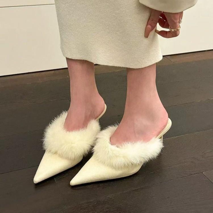 

Mao Mao высокие каблуки полутачные женская модная верхняя одежда 2024 новые женские туфли с острым носком на голове туфли на тонком каблуке французские туфли Mueller 39