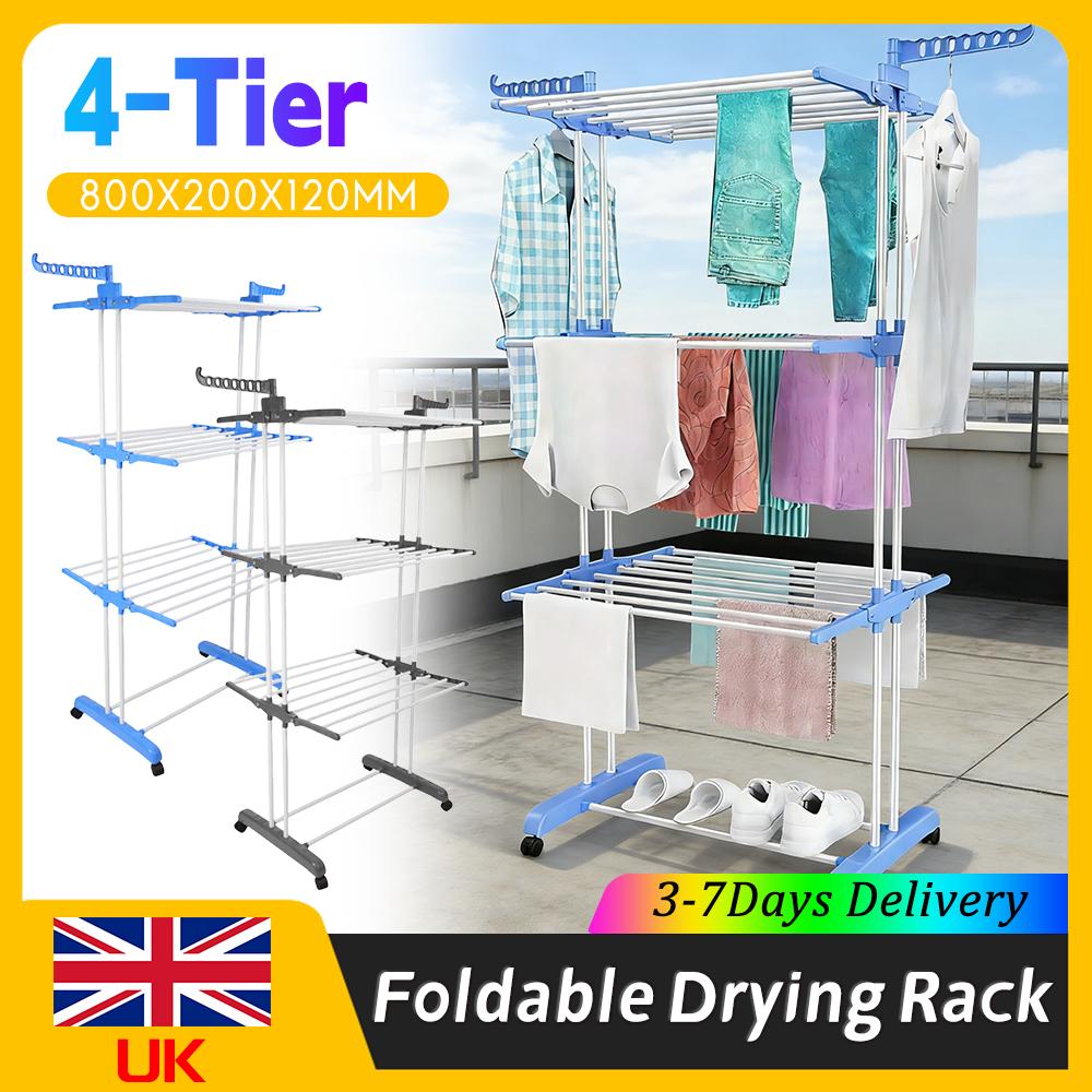4Tier Movable Clothes Drying Rack Foldable 4 Castors Free Standing Expandable Space Saving for Towels Clothes Shoes Linen Indoor
