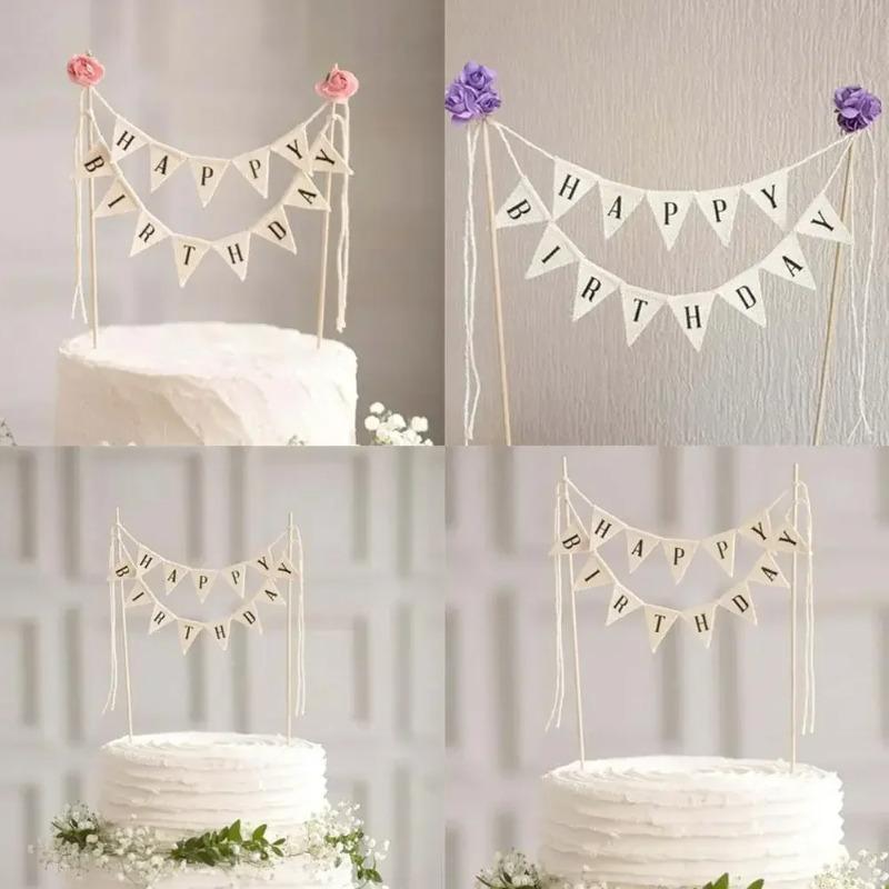 Happy Birthday Party Cake Flag Topper Creative Cloth Letter Decor DIY Baking Decor for Festive Cakes