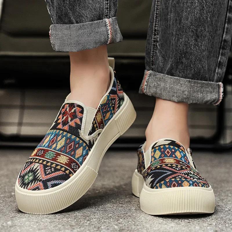 2025 Spring New Ethnic Trendy Low-Top Vintage Jacquard Korean Fashion Plus Size Flat Shoes Cotton Weave Unisex Casual Sneakers
