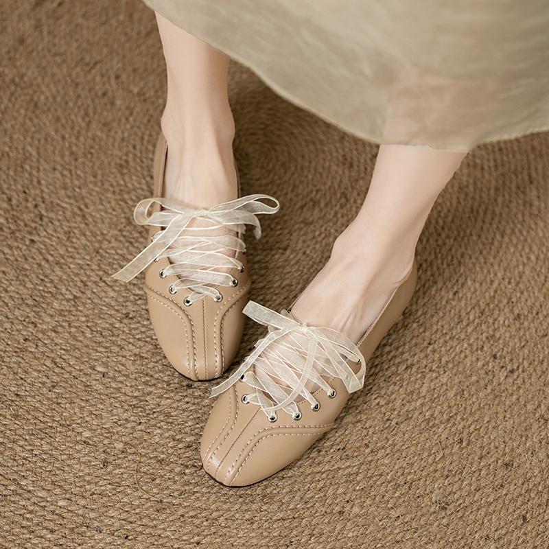 Fashion Women's new leather cowhide round toe spring and autumn low heel plus large lace up comfortable casual single shoe