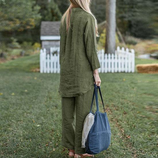 2 Pcs/Set Women Shirt Pants Set Solid Color Lapel Long Sleeve Wide