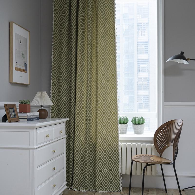 Home Cotton Linen Striped Embroider Semi-blackout Curtain with Fringe Rod Pocket Valance Suitable for Dining Room Living Room