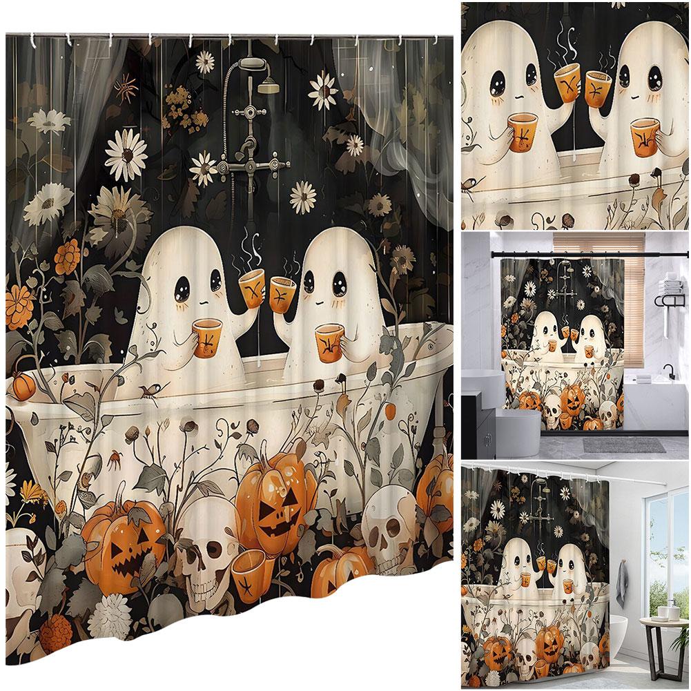 1/4Pcs Cute Ghost Shower Curtain Cartoon Fabric Spooky Halloween Shower Curtain Home Bathroom Decor Set Rug Toilet Cover