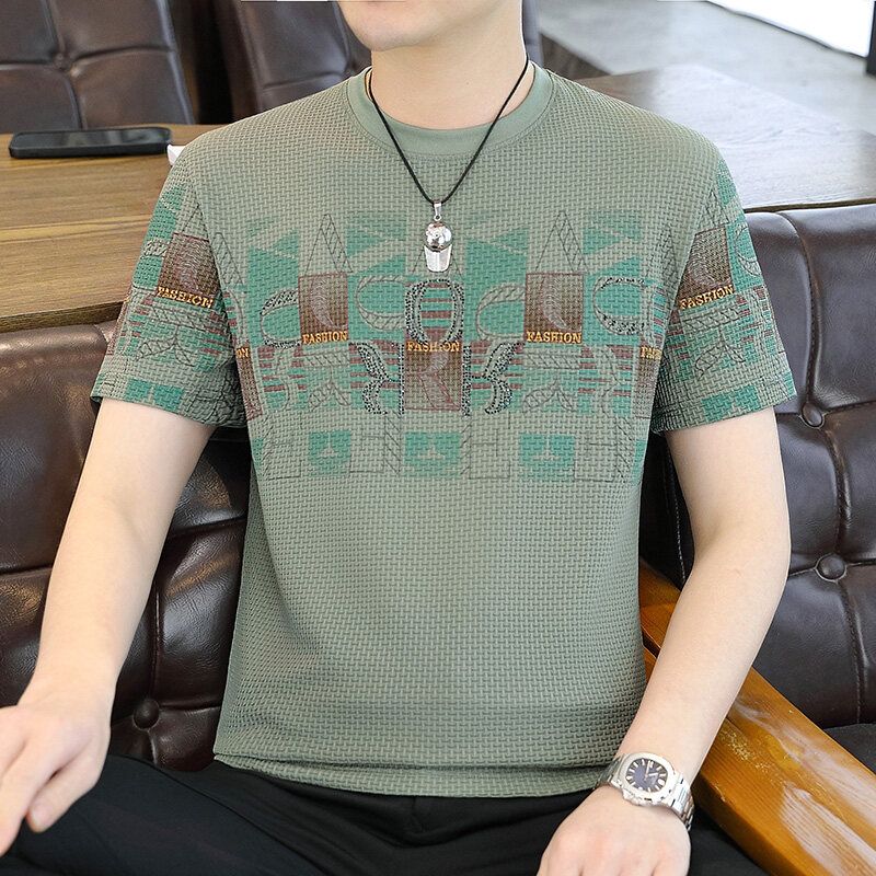 Men s Fashionable and Personalized Summer Trendy Slim Print Quick-drying Short-sleeved T-shirt Ice Silk Light Luxury Versatile L белый 1509₽