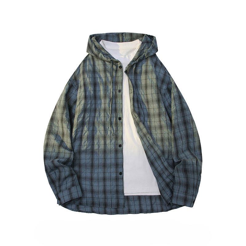 Hooded Plaid Long-sleeved Shirt Men and Women Loose Shirt Sun Protection Jacket American Retro Thin Button Cardigan