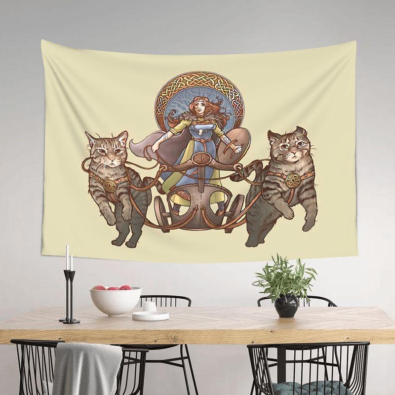 Wandteppich Nordische Mythologie Freya Katzenwagen Teppich Vintage Keltisches Knotenmuster Göttin und Katze Gedruckter Druck Wandteppich