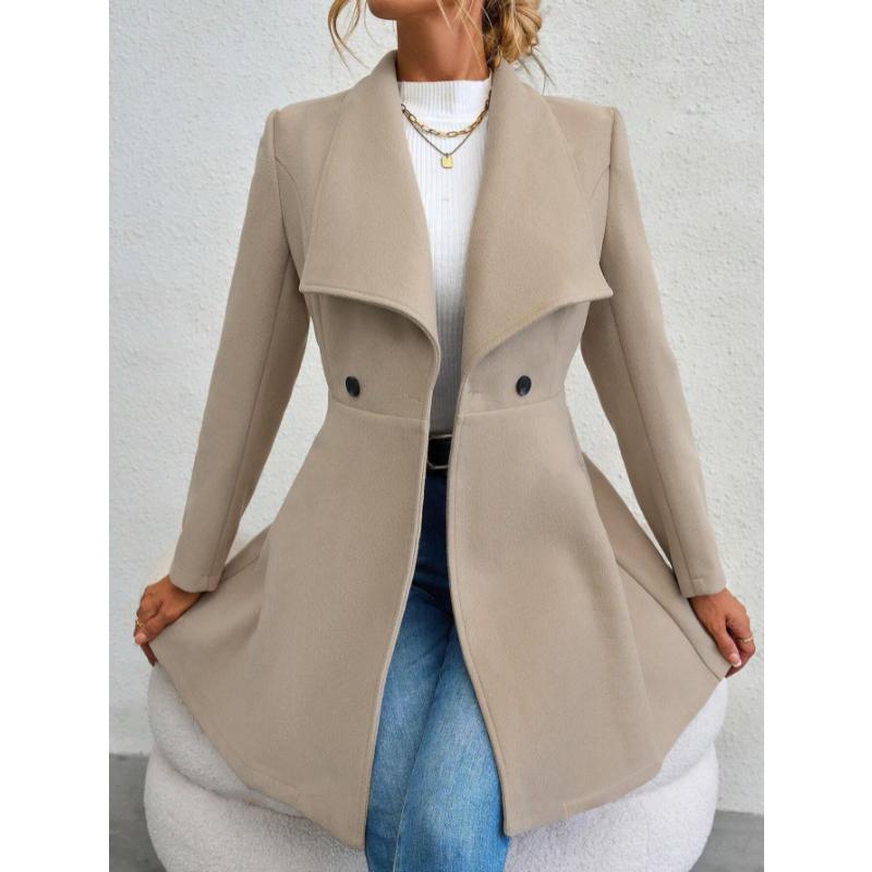 Women's Mid-Length Wool Blend Coat, Autumn Winter Wide Lapel Double Button Outerwear, Slim Fit Elegant Ladies Chic Notched Collar Overcoat