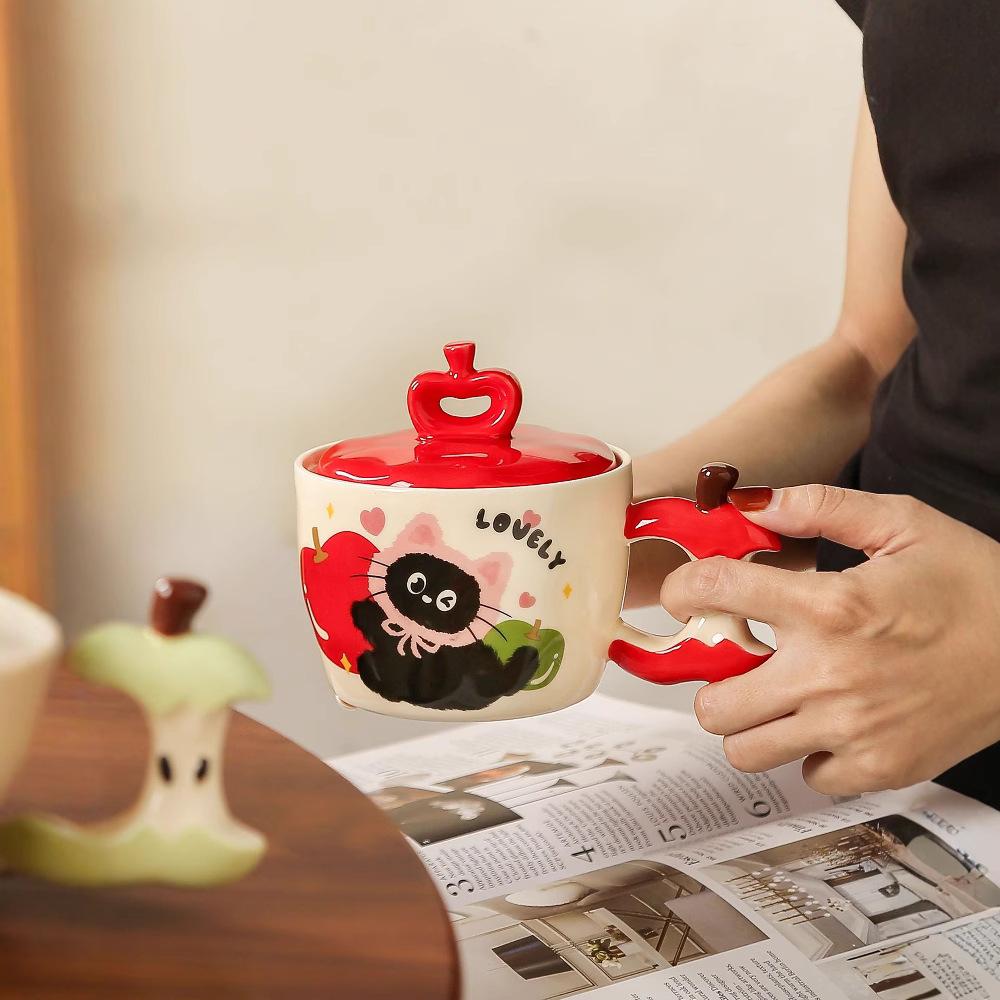 Apple Cat Ceramic Cup with Lid for Girls Gift Cup for Household Mug High Looking Couple Milk Breakfast Cup