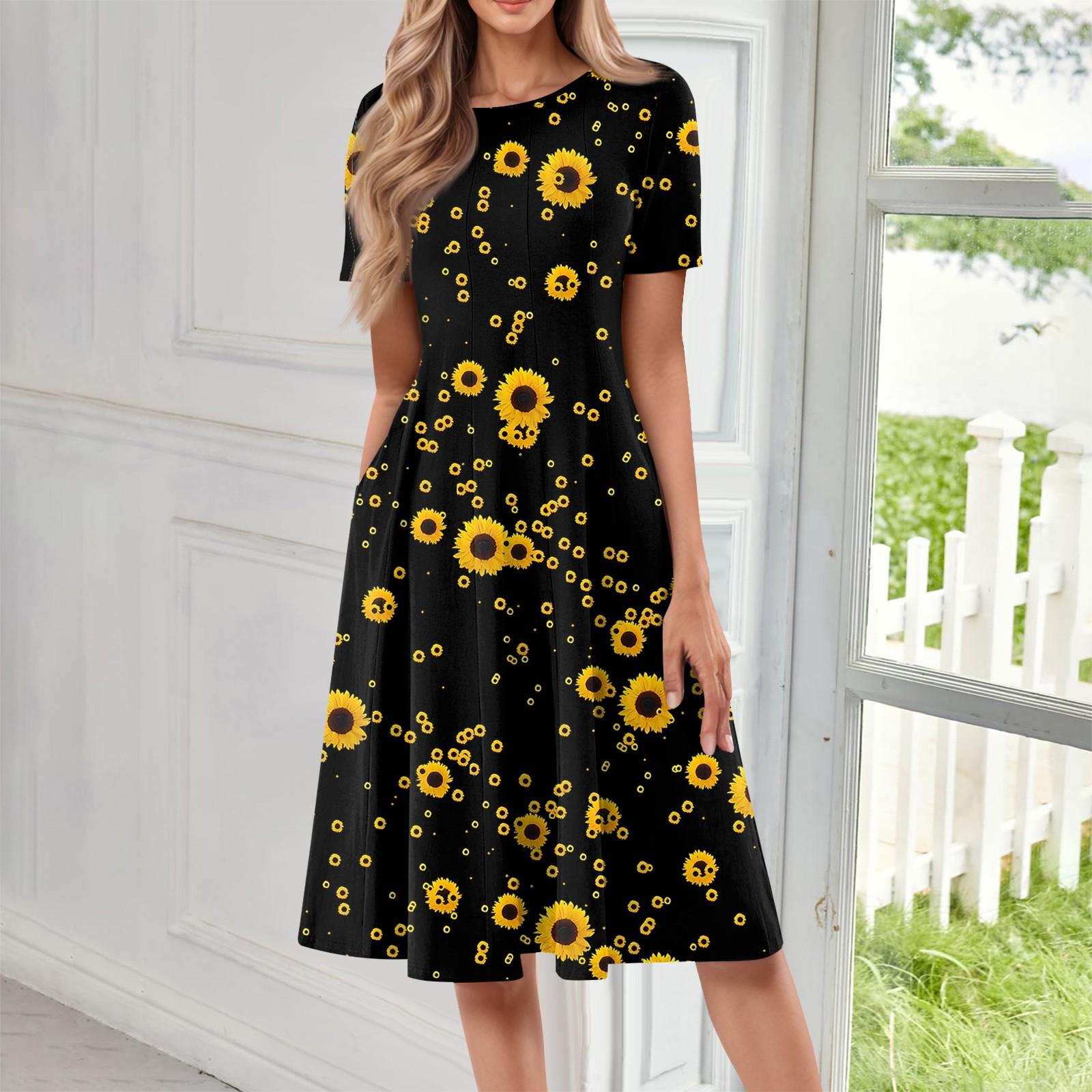 

Женское повседневное модное платье миди с круглым вырезом и коротким рукавом с принтом XL жёлтый