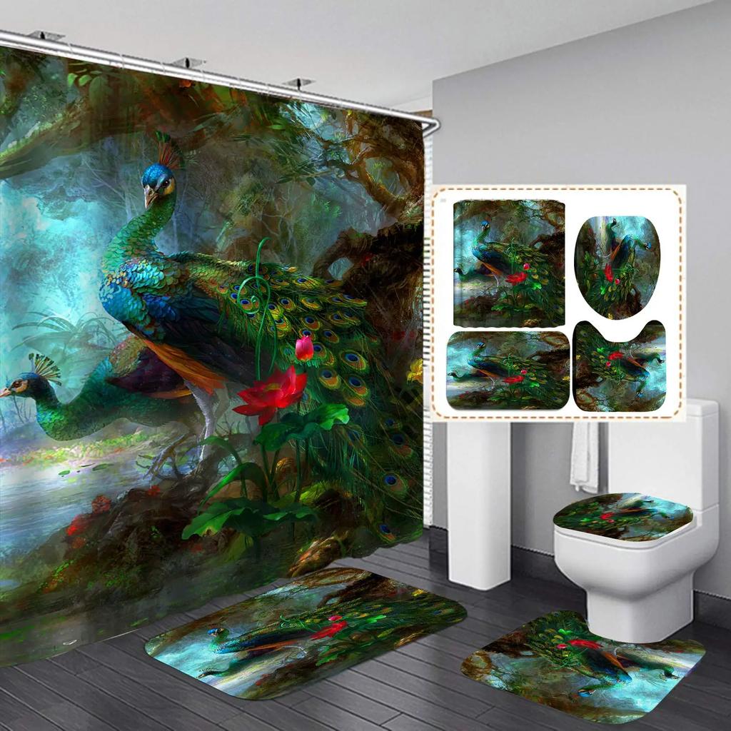 Watercolor Peacock Feather Shower Curtain Set With Rugs Toilet Lid Cover Carpet Bath Mat Bathroom Shower Curtains Set Home Decor