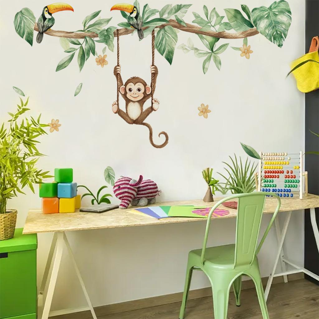 Cartoon Monkey Swinging Wall Sticker Kids Room Wall Decoration Self-Adhesive Home Decor