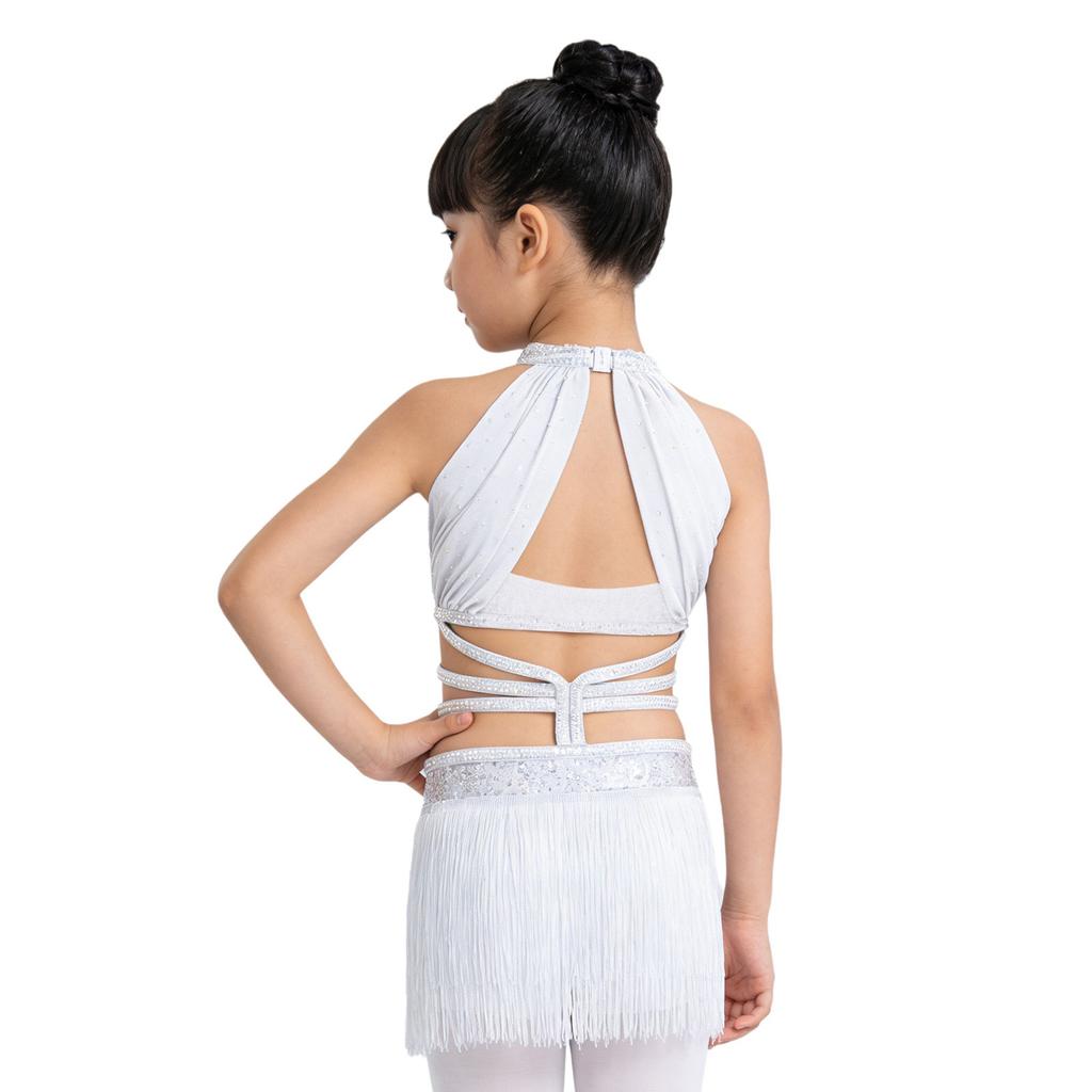 Girls Latin Leotard Sleeveless Ruched Mesh Overlay Cutout Strappy Waist Tassel Sparkle Rhinestone Dancewear
