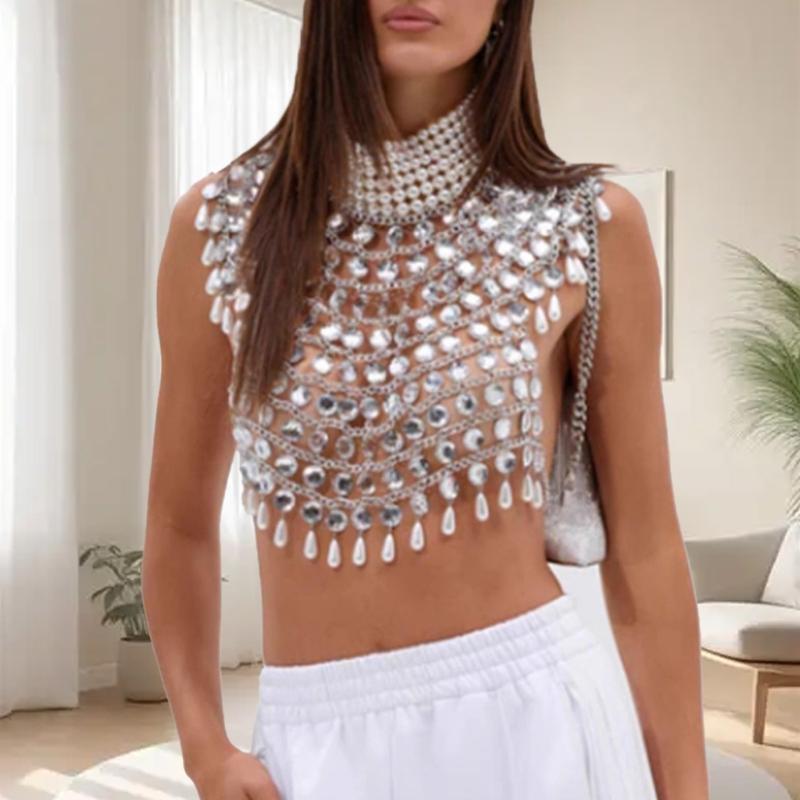 Multi Layer Pearls Crystal Crop Top Camisole for Women Backless Halterneck Tassels Chest Chain Body Jewelry Beach Vest