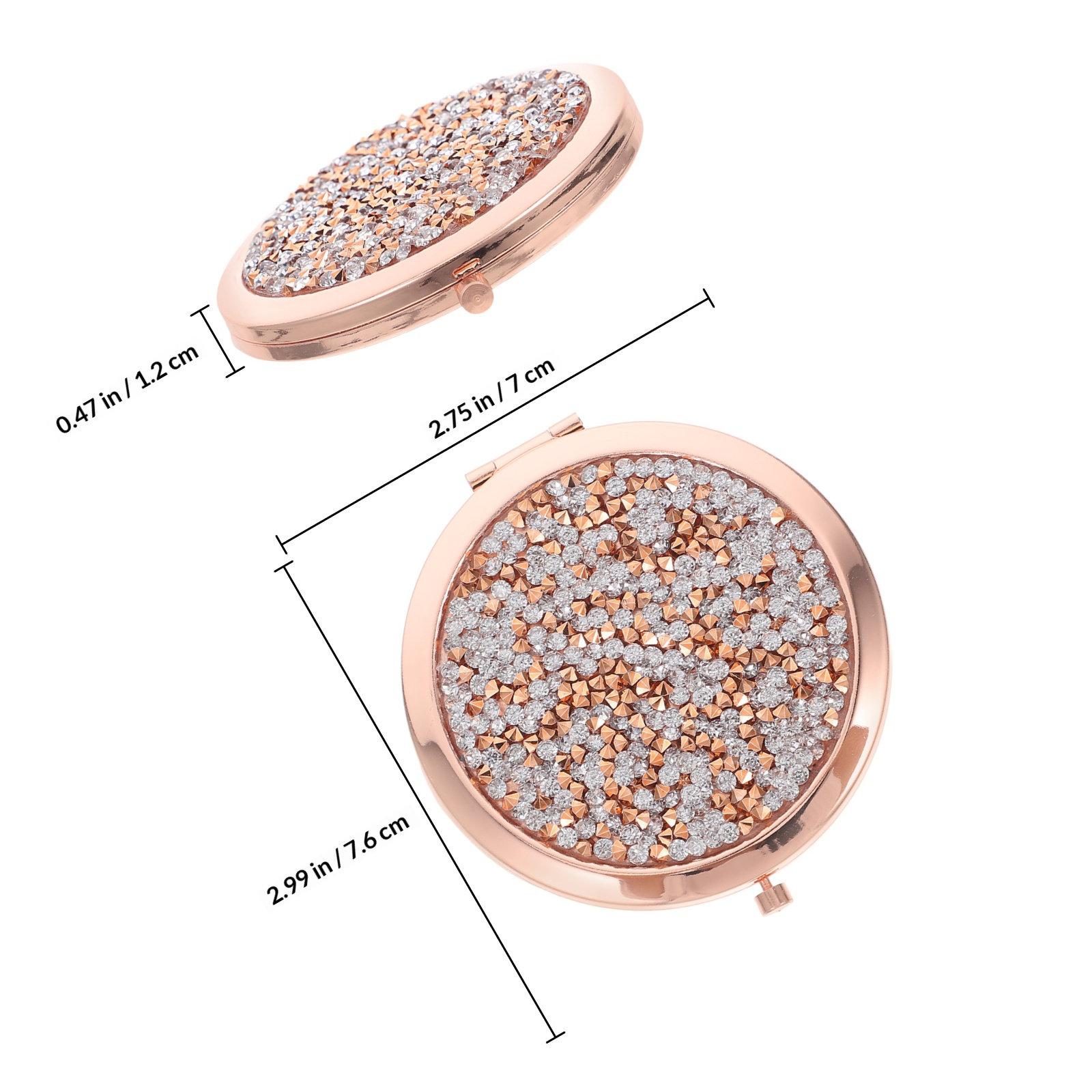 Mini Folding Rhinestone Rose Gold Makeup Mirror Portable Compact Round Travel Size Pocket Mirror for Purse Small Handheld China Mainland