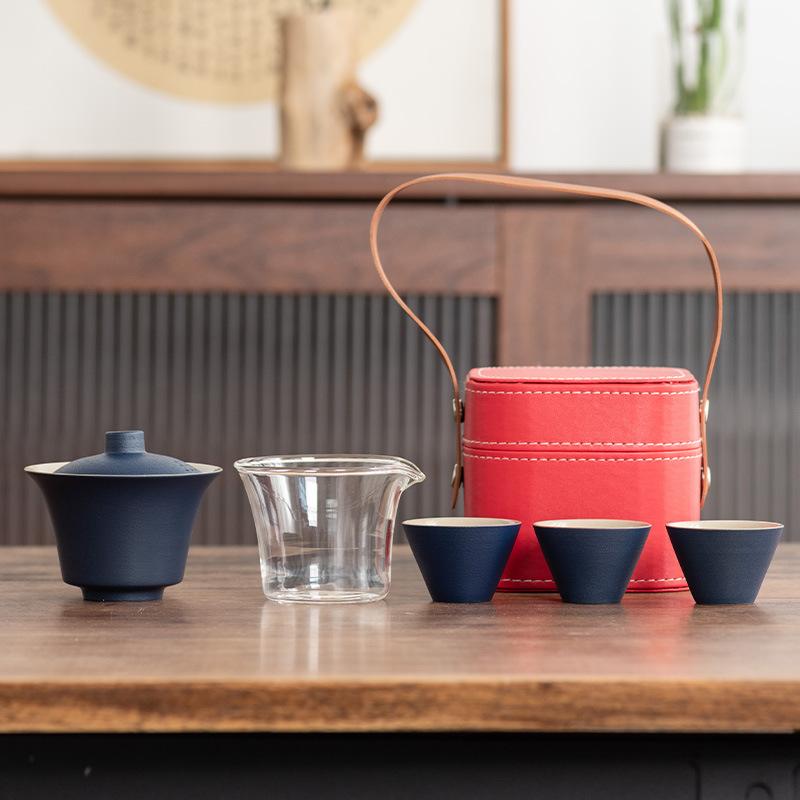 Light Luxury Travel Tea Set Cover Bowl Kuaike Three Cups Outdoor Portable Handbag High-end Ceramic Glass Tea Maker Gift
