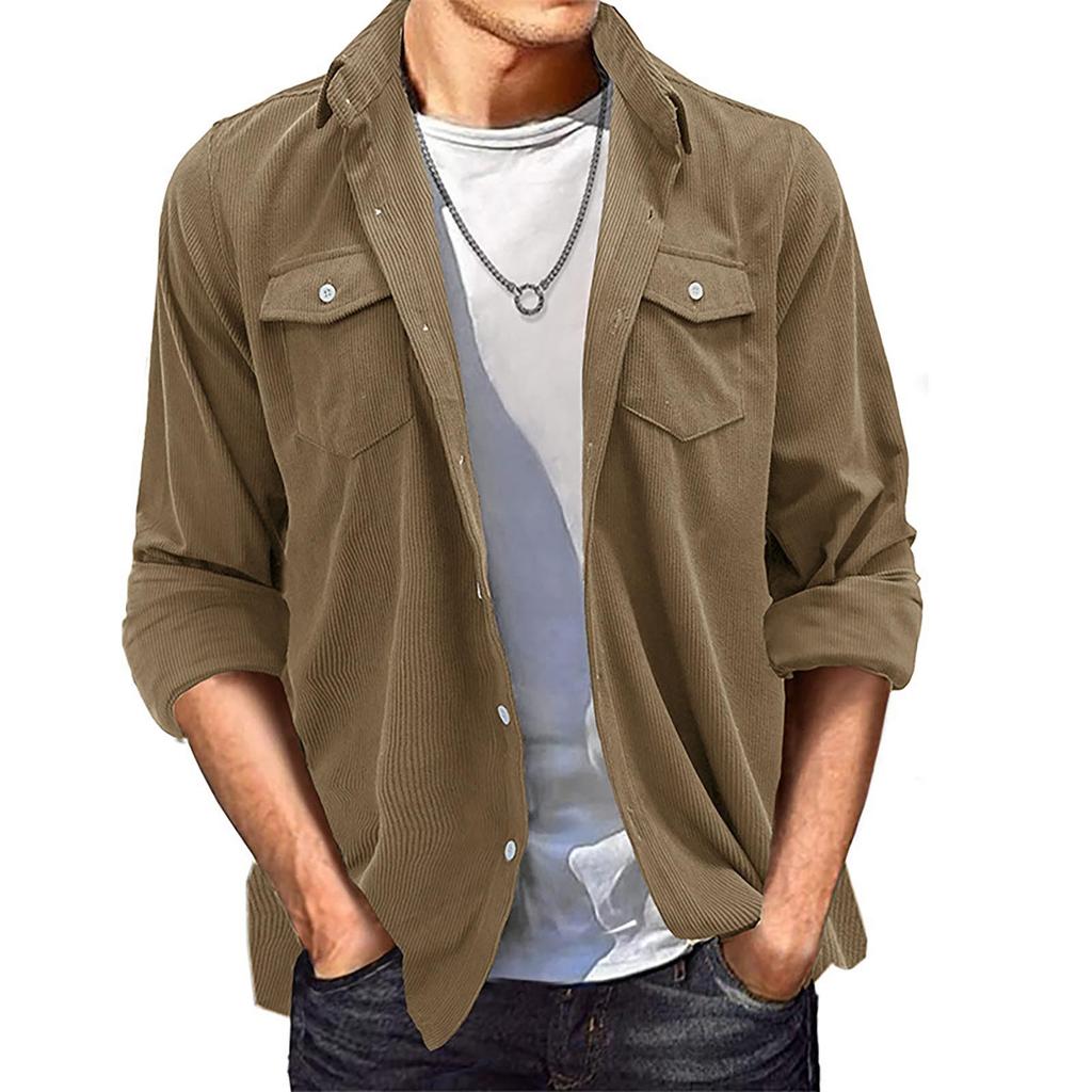 And Winter Men's Solid Corduroy Tooling Long Sleeved Shirt Coat