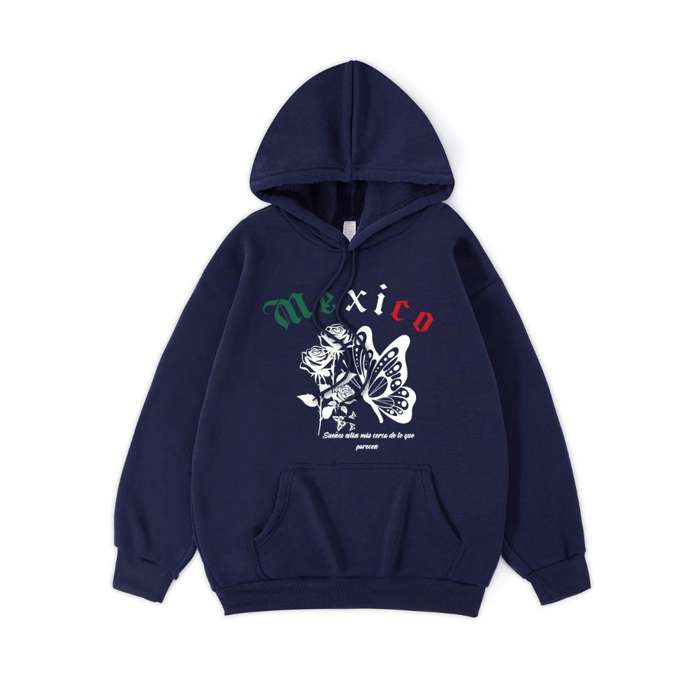 Mexico Butterflies And Flowers Prints Hoodie Women Street Loose Hooded Basics Sporty Sweatshirt Winter Fleece Warm Clothes
