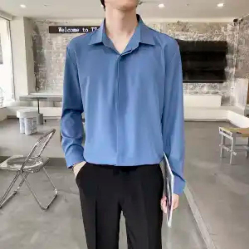 New Summer High End Handsome Fashion Cool Style Flip Collar Buckle Casual Loose Oversize Ice Silk Solid Color Shirt for Men